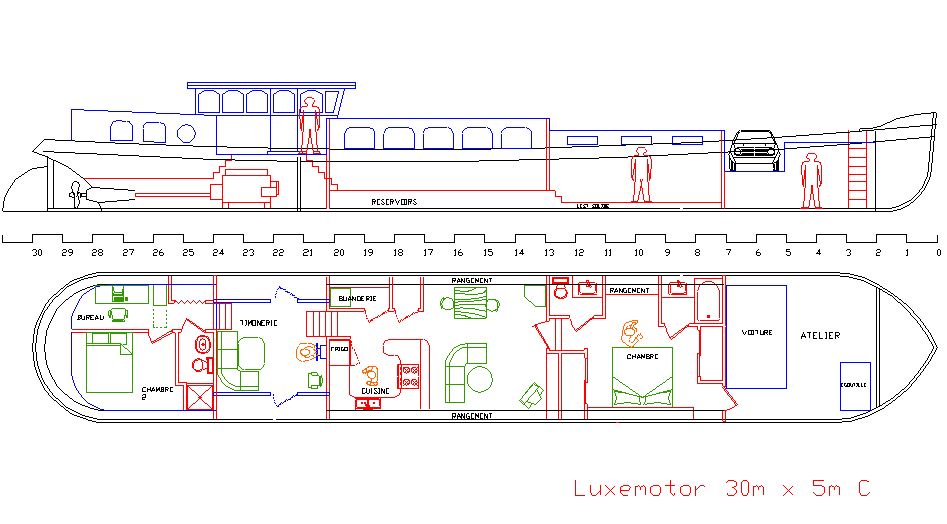 plan détaillé d'une péniche de type luxemotor