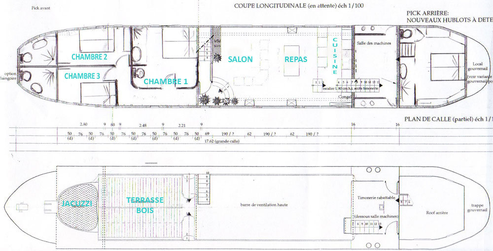 Plan péniche freycinet aménagée en bateau-logement Plan Freycinet aménagée en bateau-logement